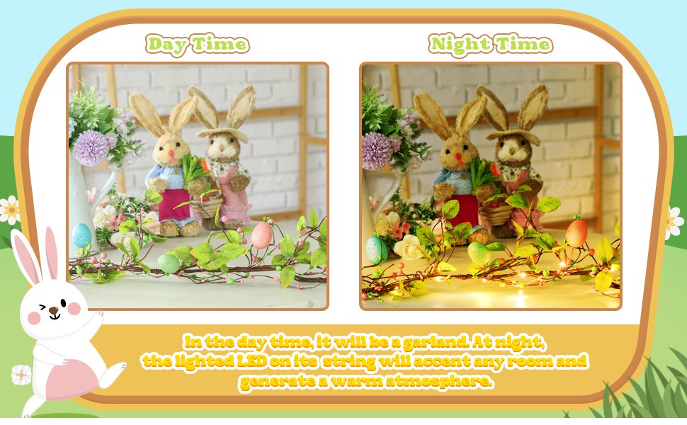 Two decorative bunnies with a garland featuring leaves and Easter eggs, shown in daytime and nighttime settings with LED lights.