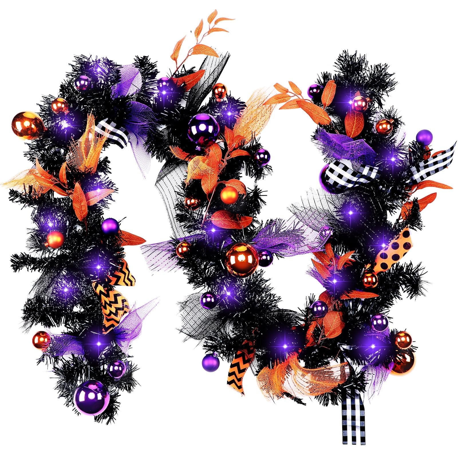 Halloween garland with black tinsel, purple and orange ornaments, and LED lights