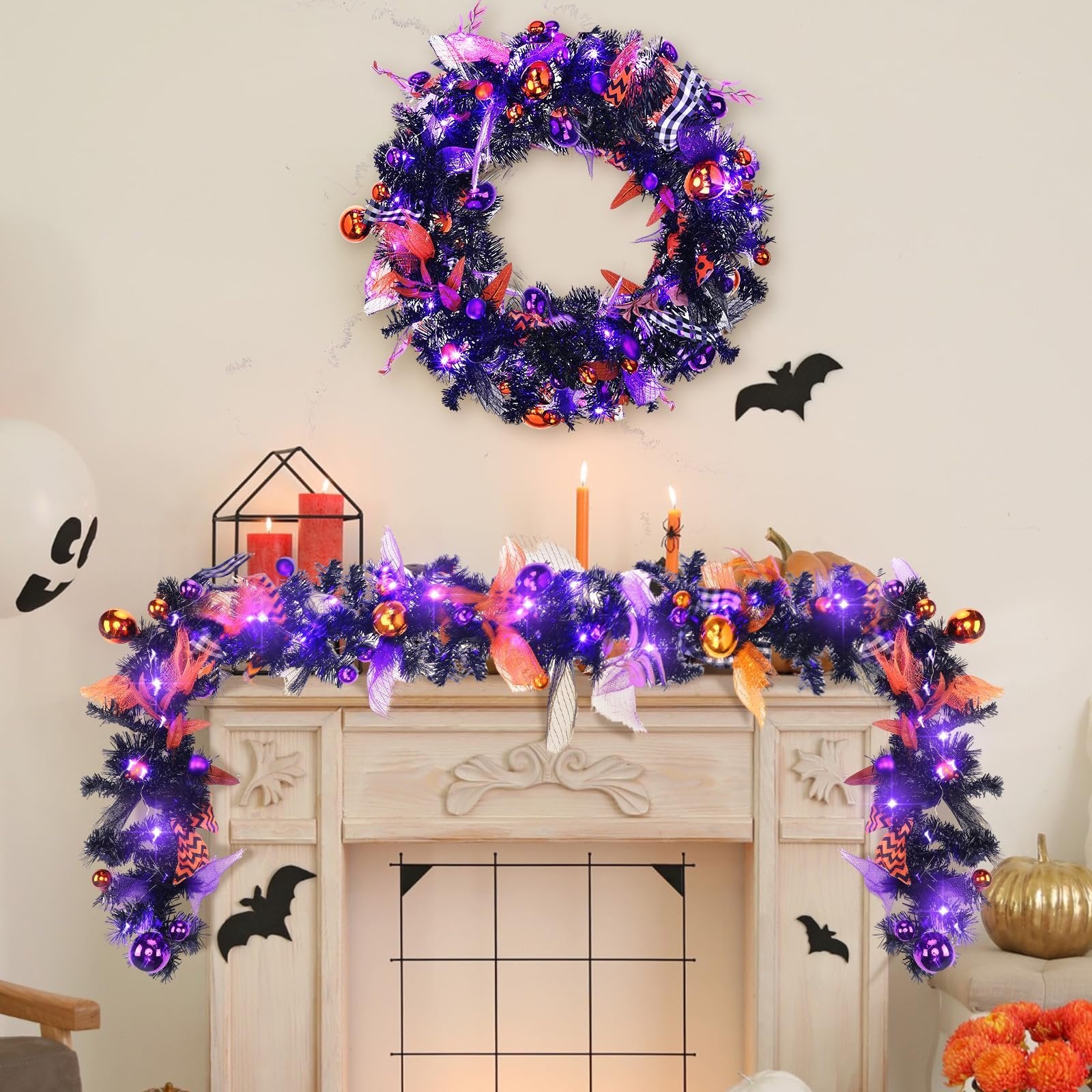 Halloween garland and wreath with purple lights, orange and purple ornaments, and black bats decorating a fireplace mantel.