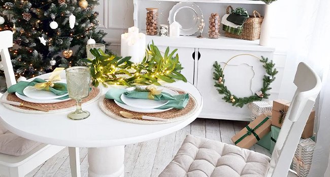 Dining table set for Christmas with a lighted olive garland and a decorated wreath on a cabinet.