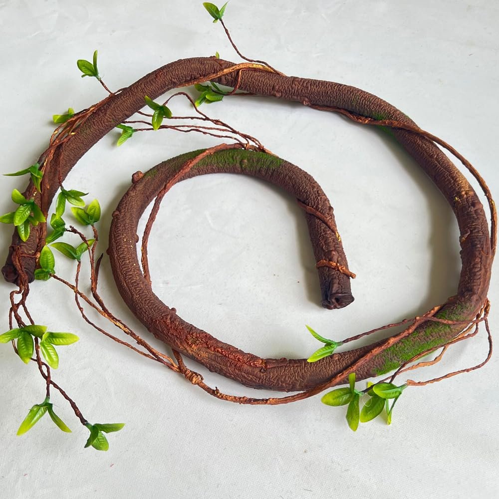 Bendable artificial tree trunk vine with green leaves and moss accents on a white background.