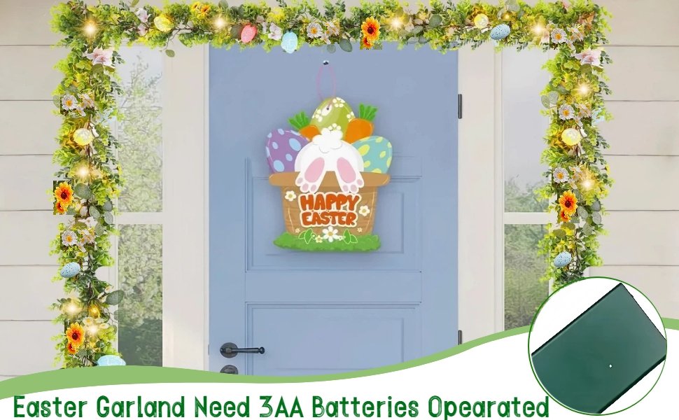 Easter garland with eucalyptus leaves, daisies, pink blossoms, decorative eggs, and LED lights draped over a doorway.