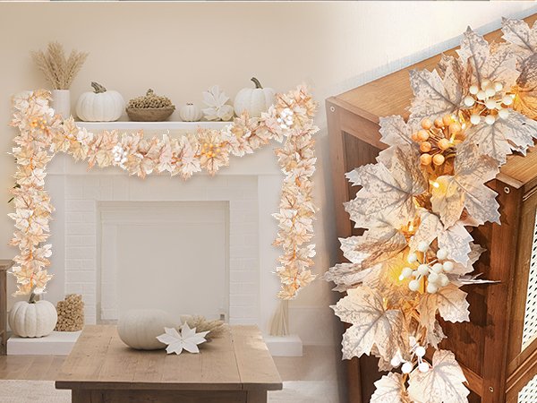 Autumn garland with warm white LED lights draped over a fireplace mantle and a wooden cabinet.