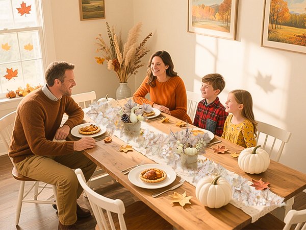 Family enjoying Thanksgiving dinner with fall garland and pumpkins on a wooden table