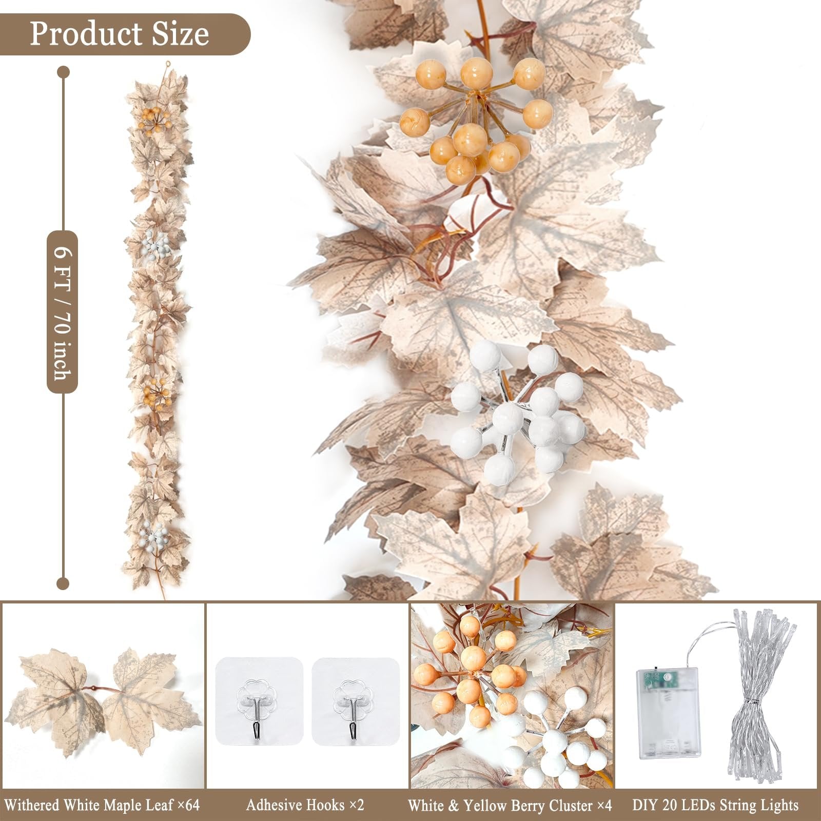 Fall garland with silk maple leaves and berries, shown with product size indicator and detail shots of components.