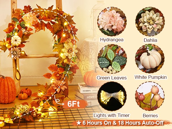 Fall garland with lights, artificial leaves, flowers, pumpkins, and berries, with inset images showing components.