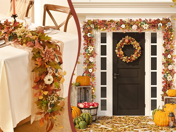 Fall garland with autumn leaves, flowers, and pumpkins draped on a table and around a doorway with a wreath.
