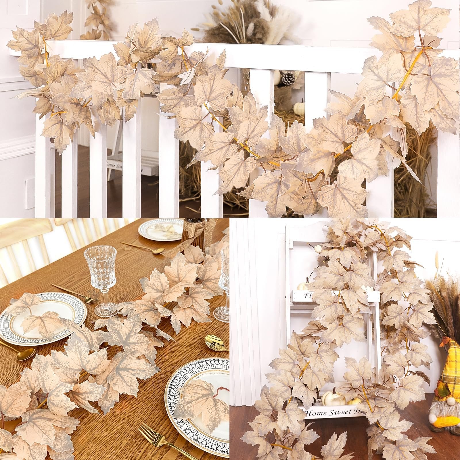 Neutral autumn maple leaf garland draped over a white railing and on a dining table setting.