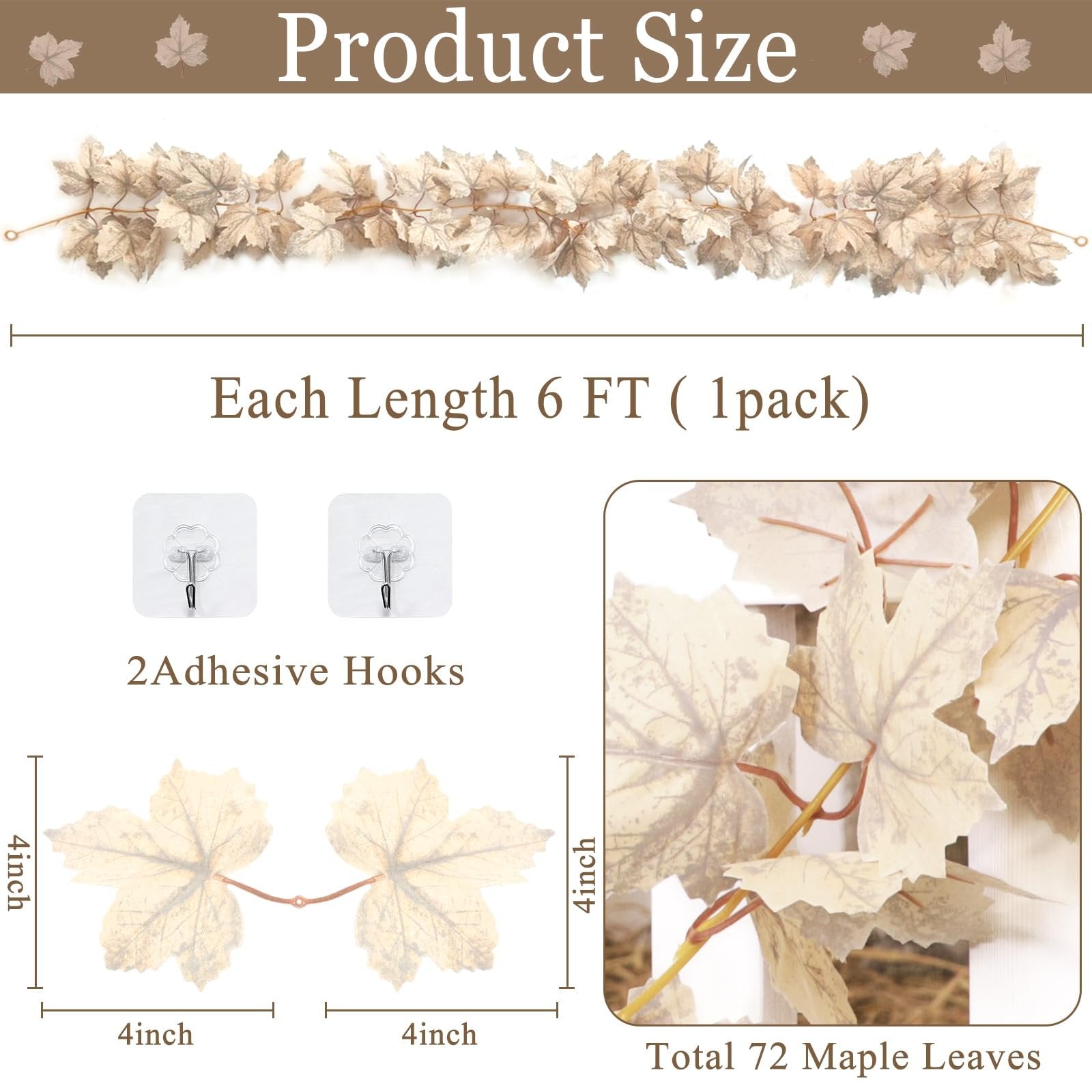 Neutral autumn maple leaf garland showing product size details including length, leaf dimensions, and quantity.