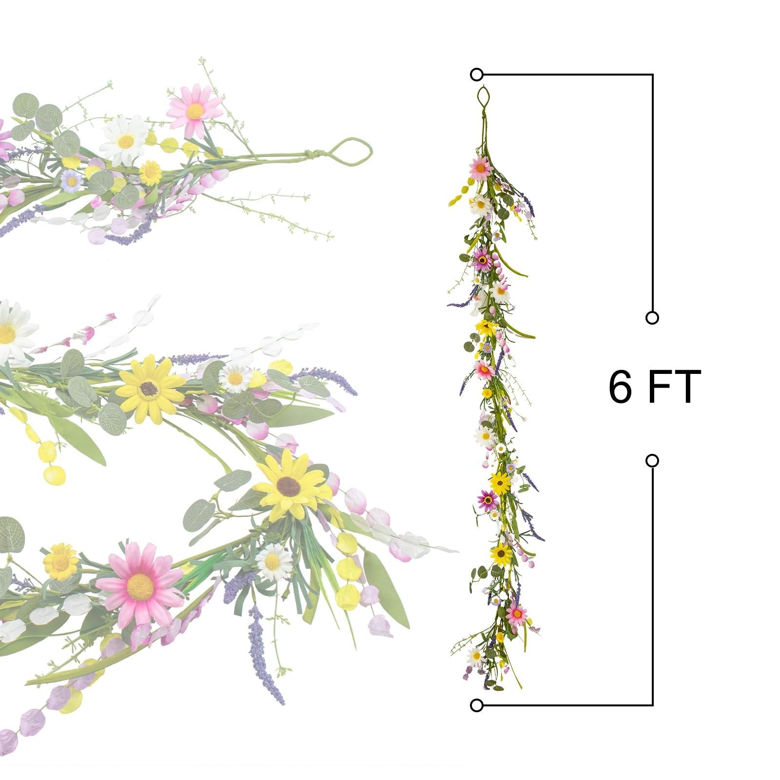 Farmhouse spring flower garland with pink, white, yellow wildflowers and daisy accents, shown hanging vertically with a 6 ft measurement indicator.