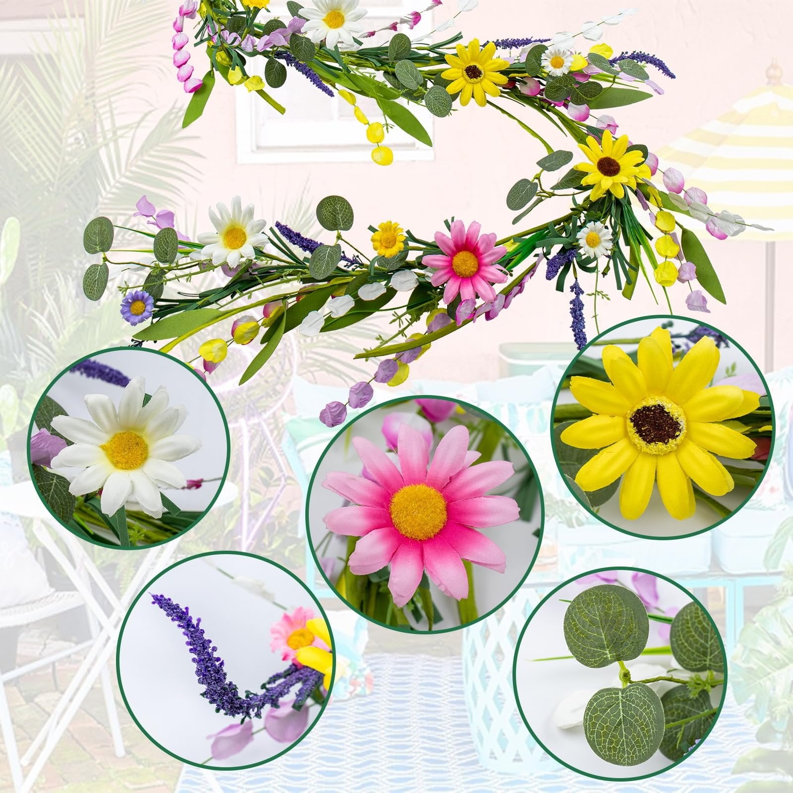 Farmhouse spring flower garland with pink, white, yellow wildflowers and daisy accents, shown with close-up insets of individual flowers and leaves.