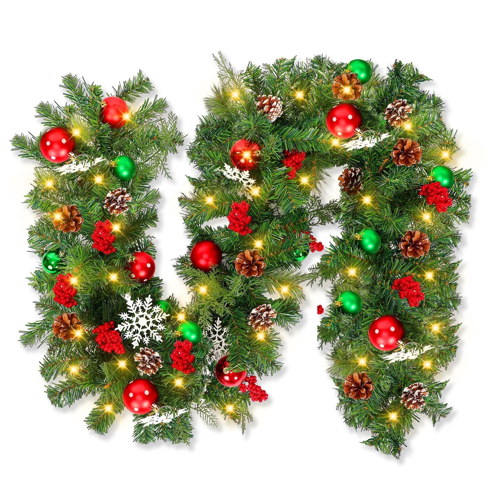 Christmas garland with warm white LED lights, pinecones, red and green ornaments, and snowflakes on a white background.