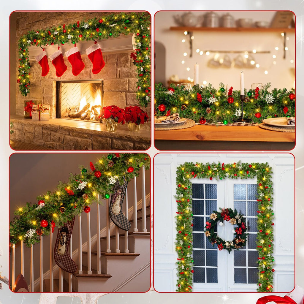 Collage of Christmas garland decorating a fireplace, dining table, staircase, and doorway.