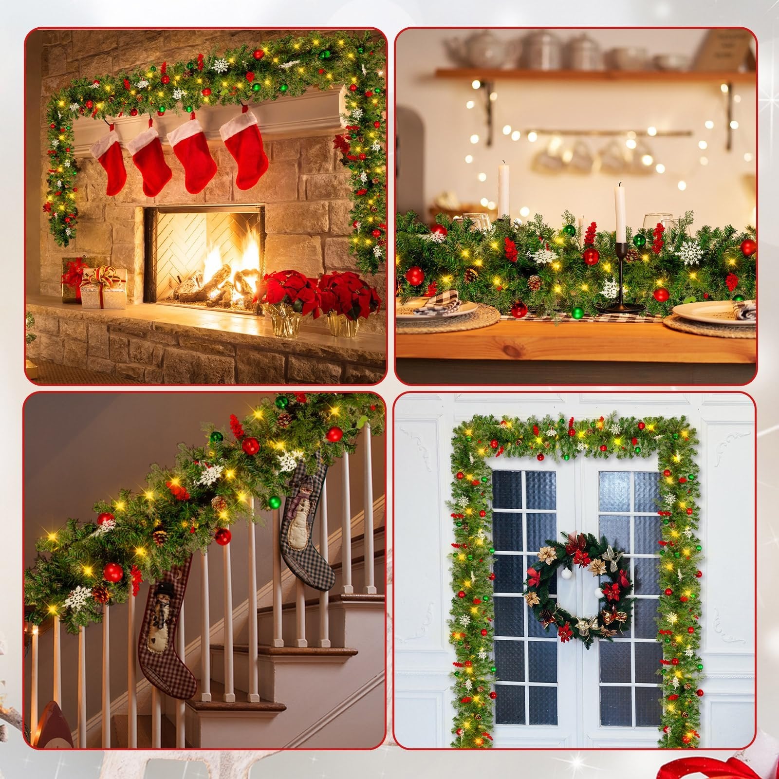 Collage of Christmas garland decorating a fireplace, dining table, staircase, and doorway.