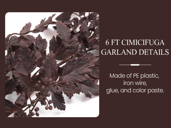 Close-up of a dark red faux cimicifuga garland with detailed leaves and small berries on a white background.