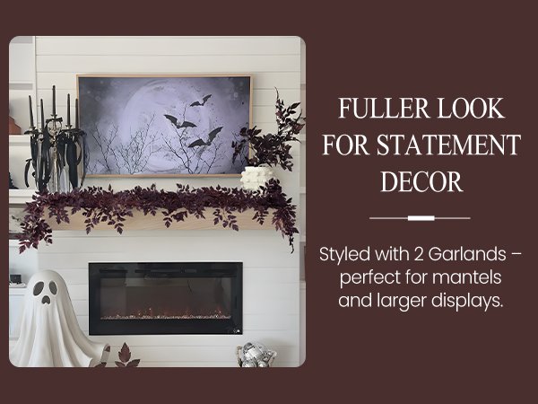 Halloween mantel decorated with a plum garland, ghost figure, and spooky artwork on TV screen.