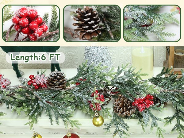 Flocked artificial pine Christmas garland with red berries, pine cones, and LED lights