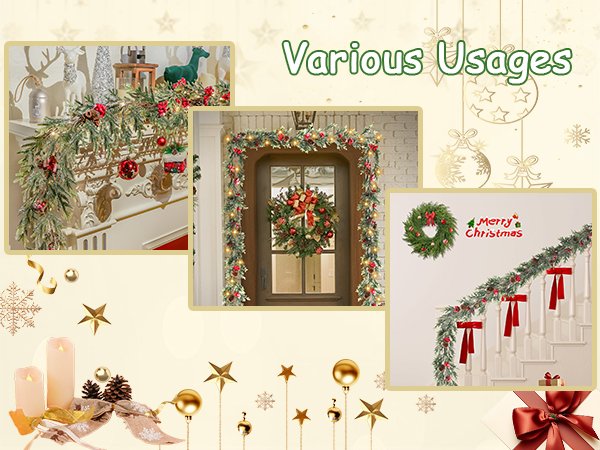 Collage of Christmas garland and wreath decorations in various home settings, including a mantel, doorway, and staircase.