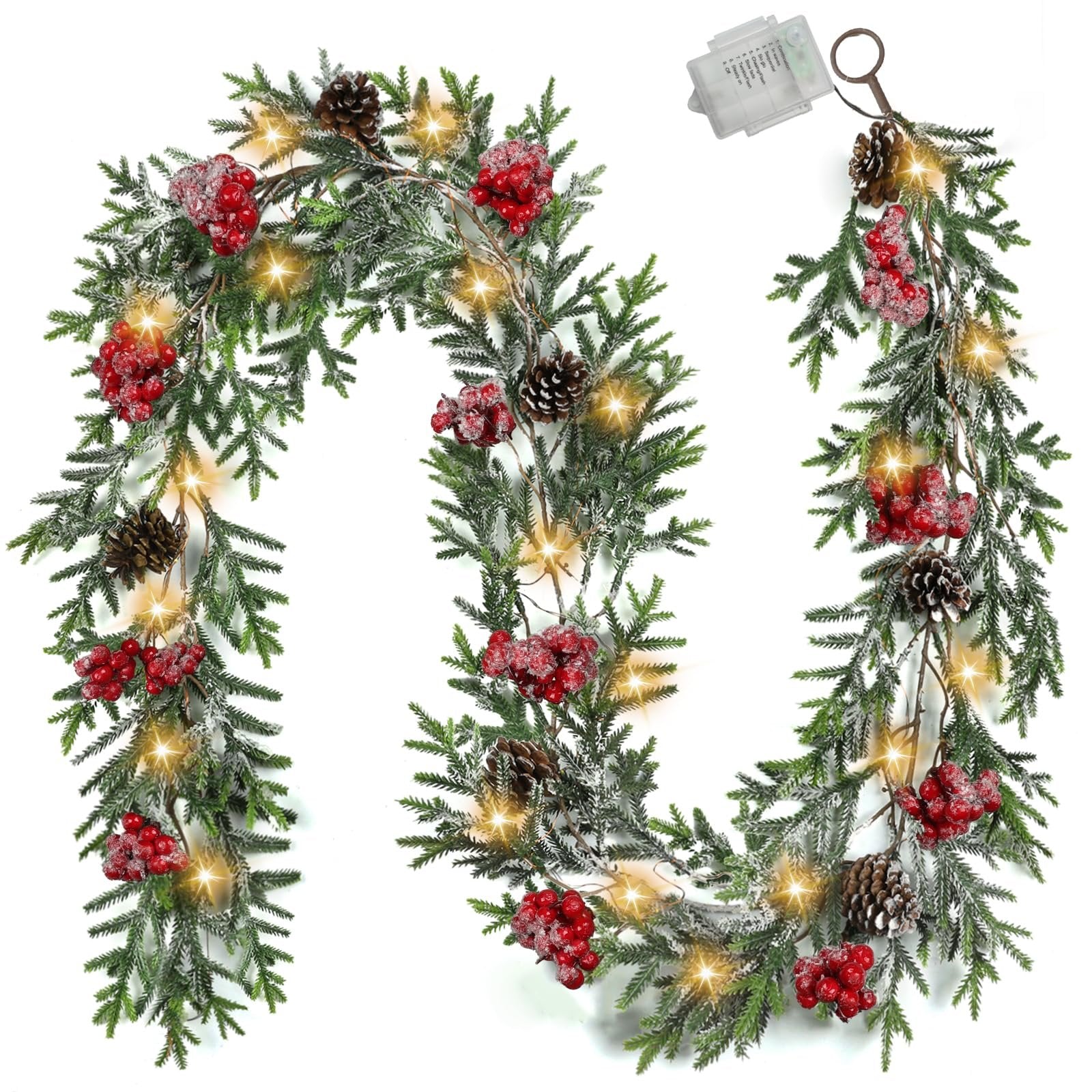 Pre-lit artificial pine Christmas garland with red berries, pine cones, and LED lights on a white background.