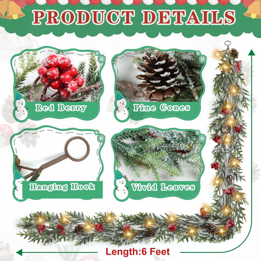 Product details for a pre-lit artificial pine Christmas garland showing red berries, pine cones, hanging hook, and vivid leaves.