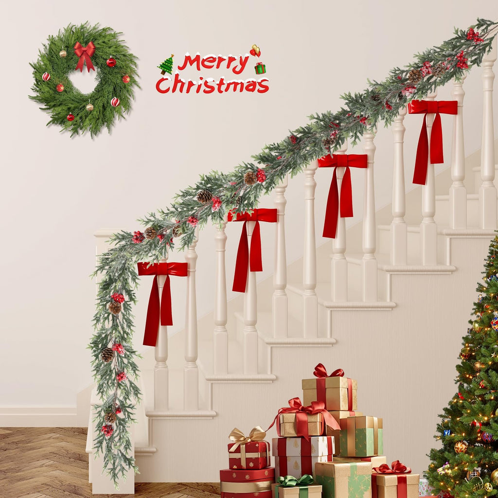 Flocked artificial pine Christmas garland with red bows and pine cones draped on a staircase railing, with a wreath and gifts below a Christmas tree.