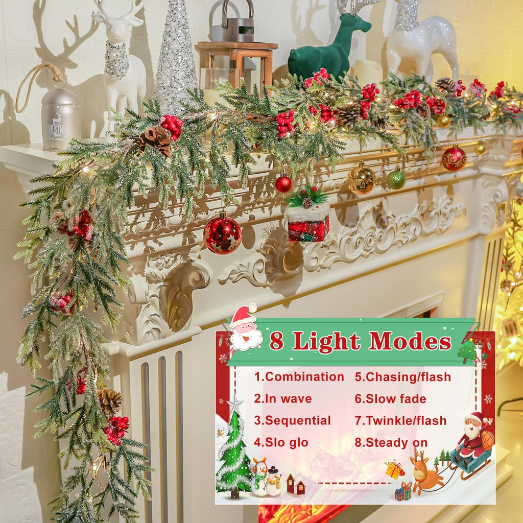 Flocked artificial pine Christmas garland with red berries and pine cones draped over a mantelpiece, featuring LED lights and a graphic detailing 8 light modes.