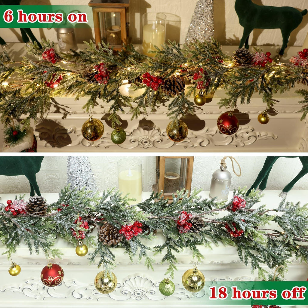 Flocked artificial pine Christmas garland with red berries, pine cones, and LED lights draped over a mantelpiece.