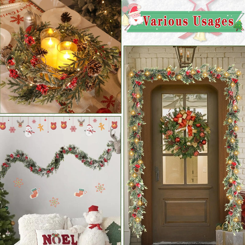 Collage of Christmas garland and wreath in various settings: on a table with candles, on a wall with decorations, and framing a front door.