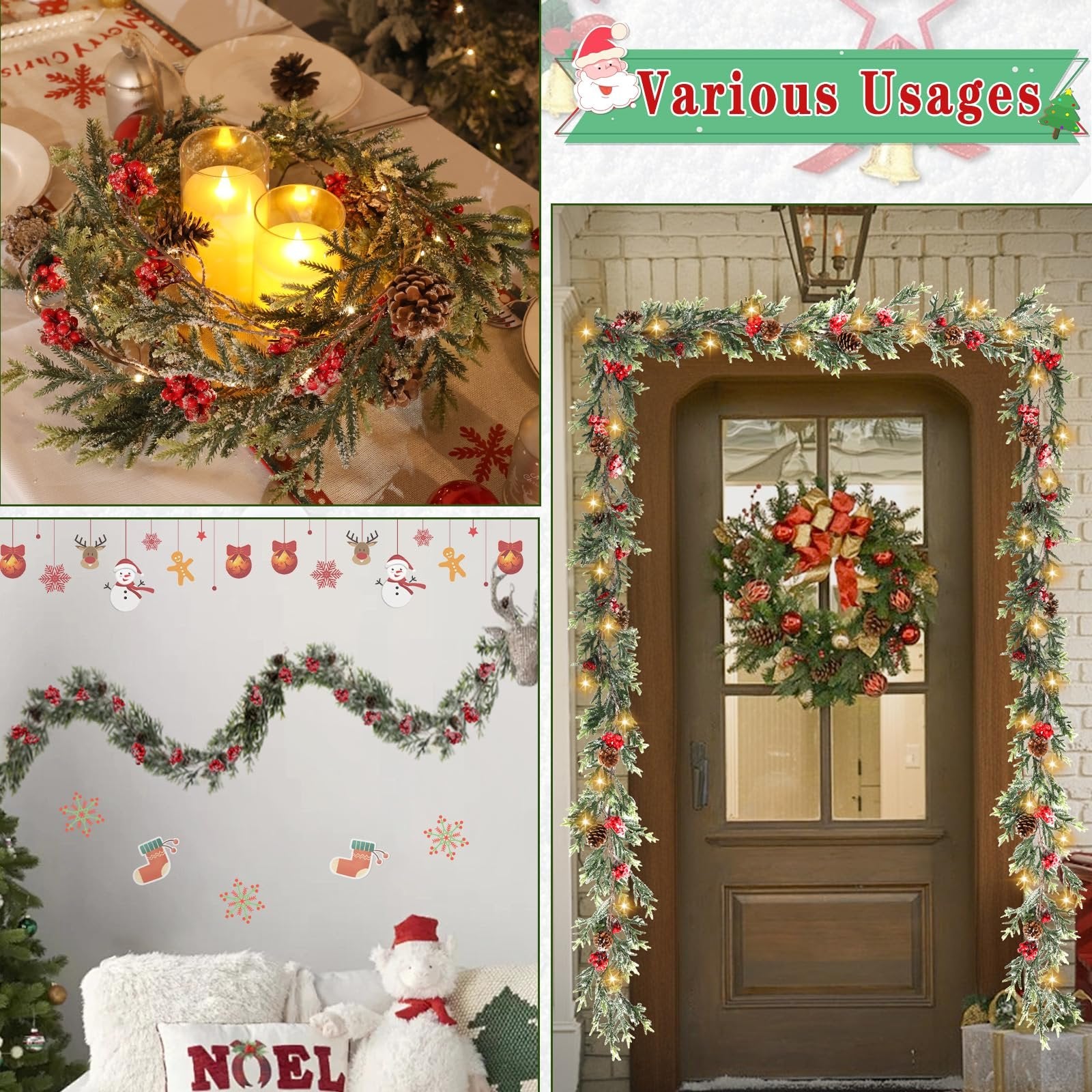 Collage of Christmas garland and wreath in various settings: on a table with candles, on a wall with decorations, and framing a front door.