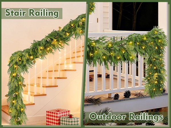 Prelit Christmas garland draped on a stair railing and outdoor railings, featuring warm LED lights and pinecones.
