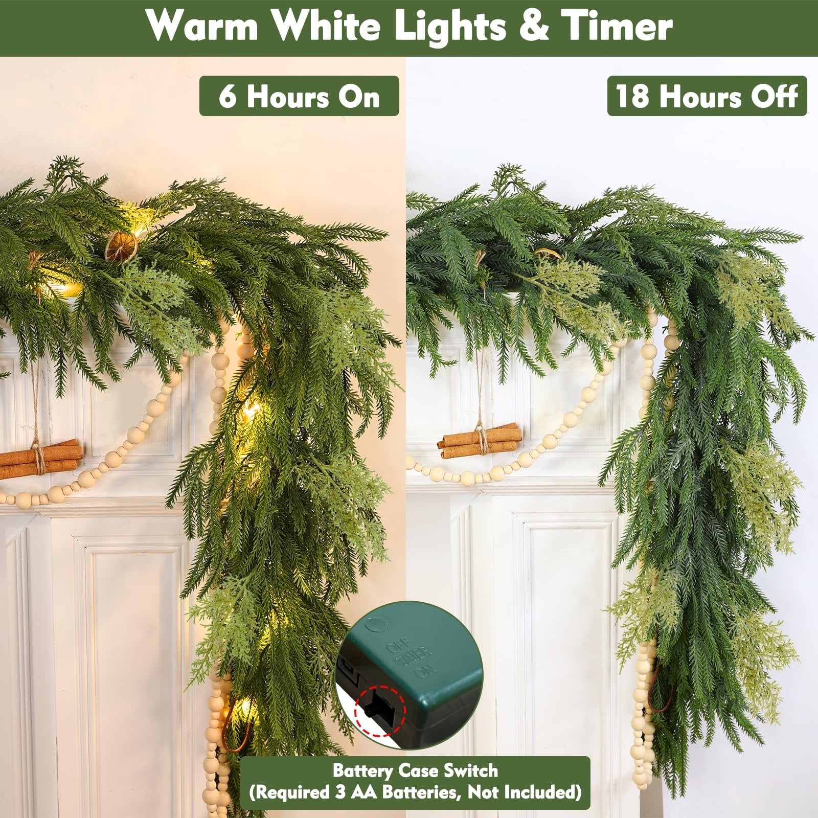 Christmas garland with warm white lights and timer function, shown with lights on and off.
