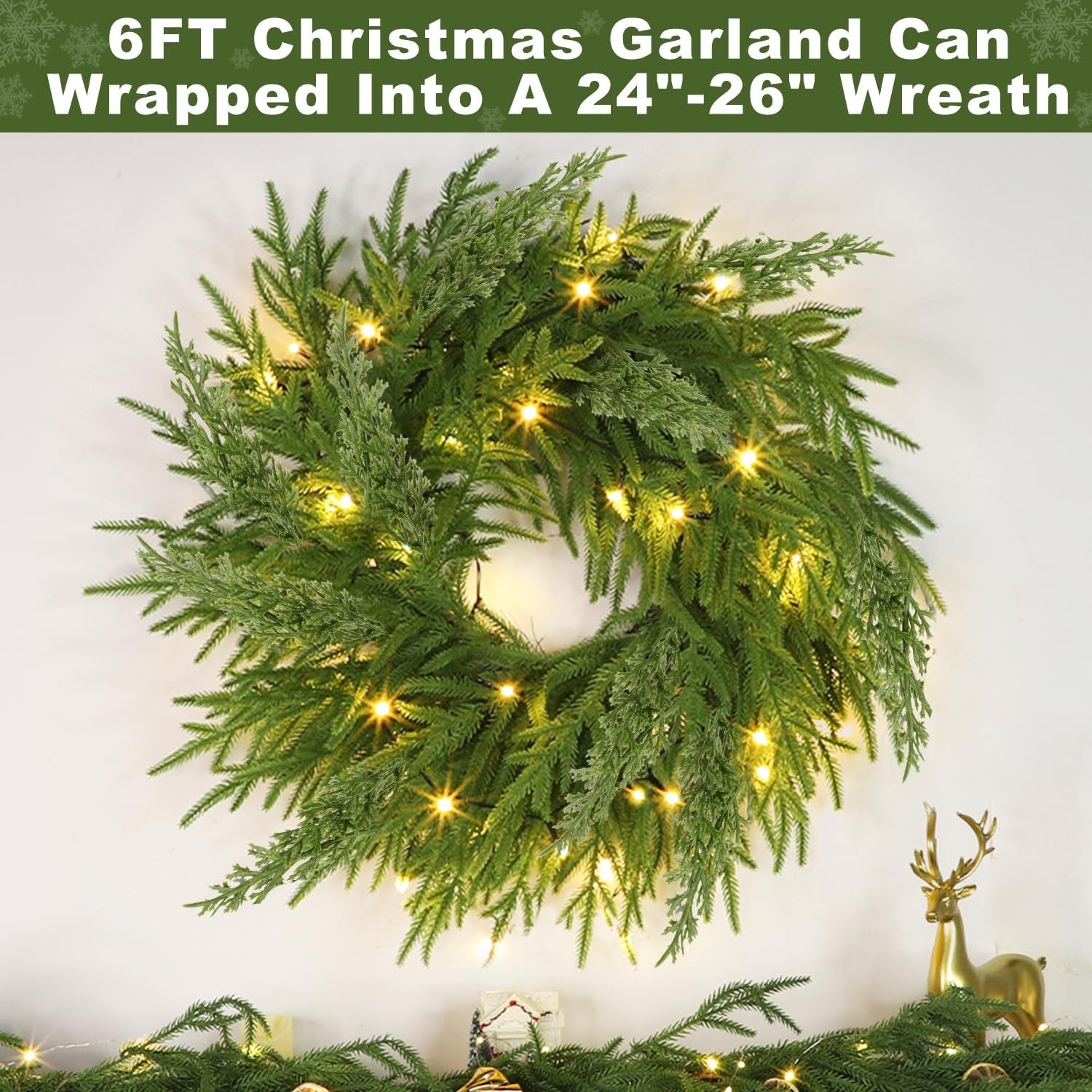 Prelit Christmas garland wrapped into a wreath with warm LED lights, displayed on a white wall with decorative elements below.
