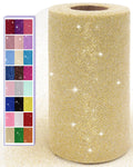Roll of gold glitter tulle fabric with a swatch of different colored glitter fabric samples on the left.