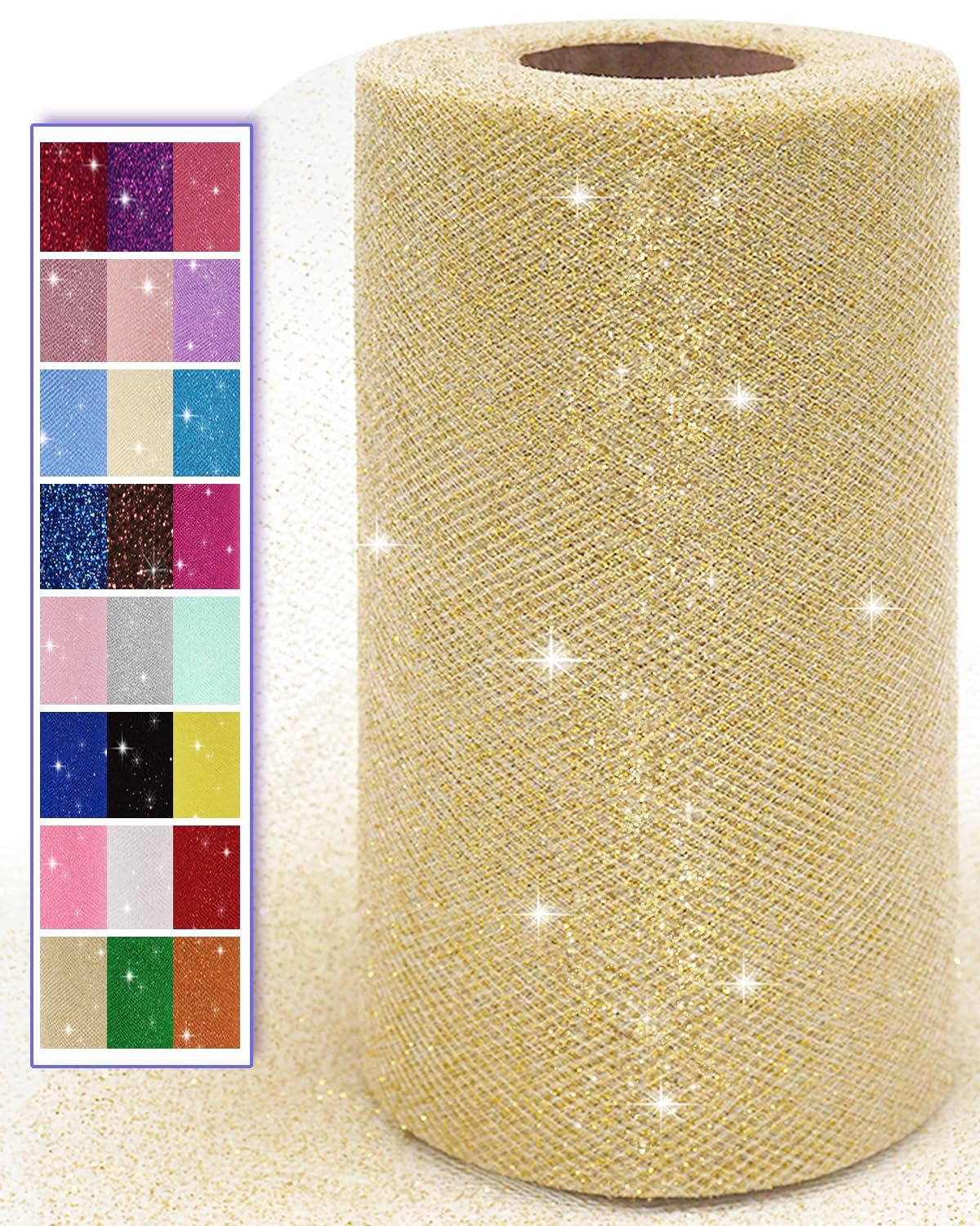 Roll of gold glitter tulle fabric with a swatch of different colored glitter fabric samples on the left.