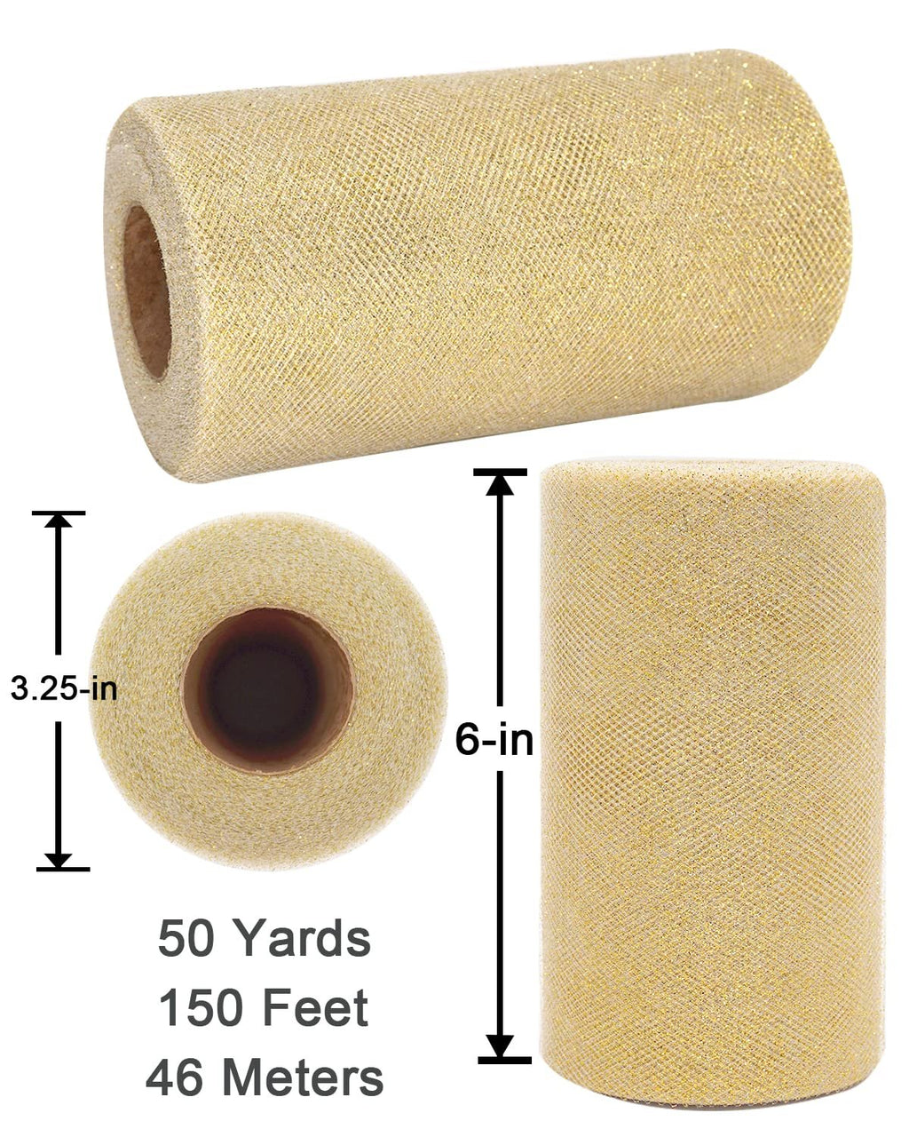 Gold glitter tulle fabric roll shown from multiple angles with dimensions and length indicated.