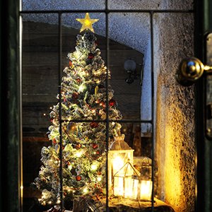 Christmas tree topper star with warm white LED lights on top of a decorated Christmas tree, viewed through a window.
