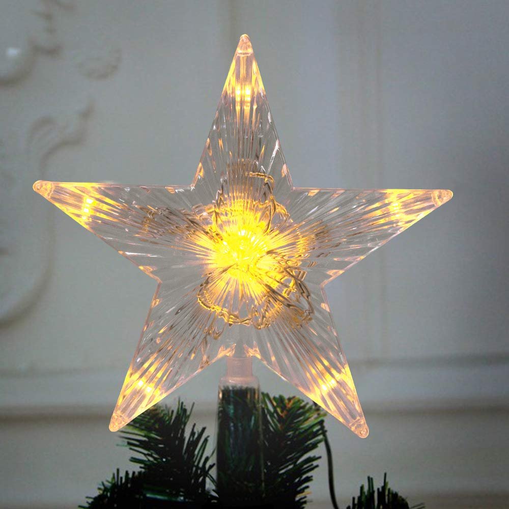 Clear LED star Christmas tree topper with warm white lights, shown from the front.