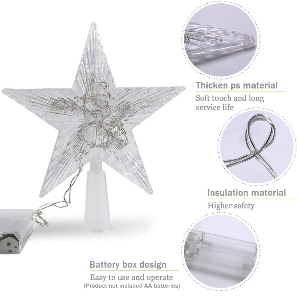 Clear LED star Christmas tree topper with battery box, showing material and safety features.