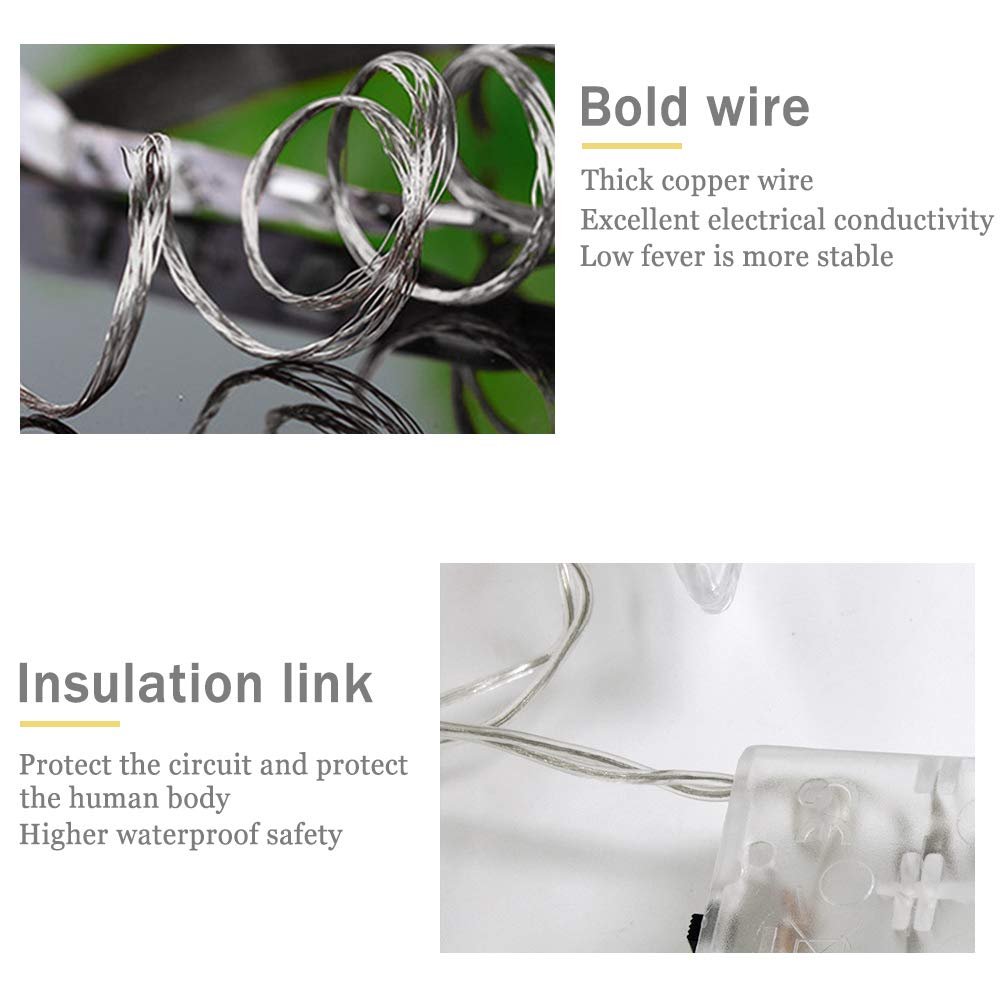 Close-up of thick copper wire and insulation link on a Christmas tree topper string light