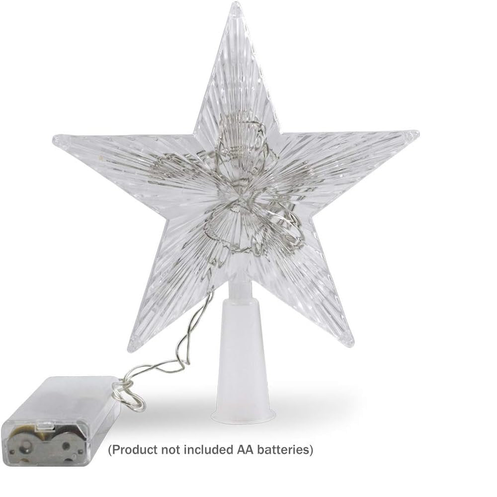 Clear LED star Christmas tree topper with warm white lights and battery pack, shown on a white background.