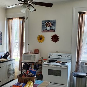 Kitchen scene with a white stove, microwave, cabinets, and two metal sunflower wall decorations hanging on the wall.