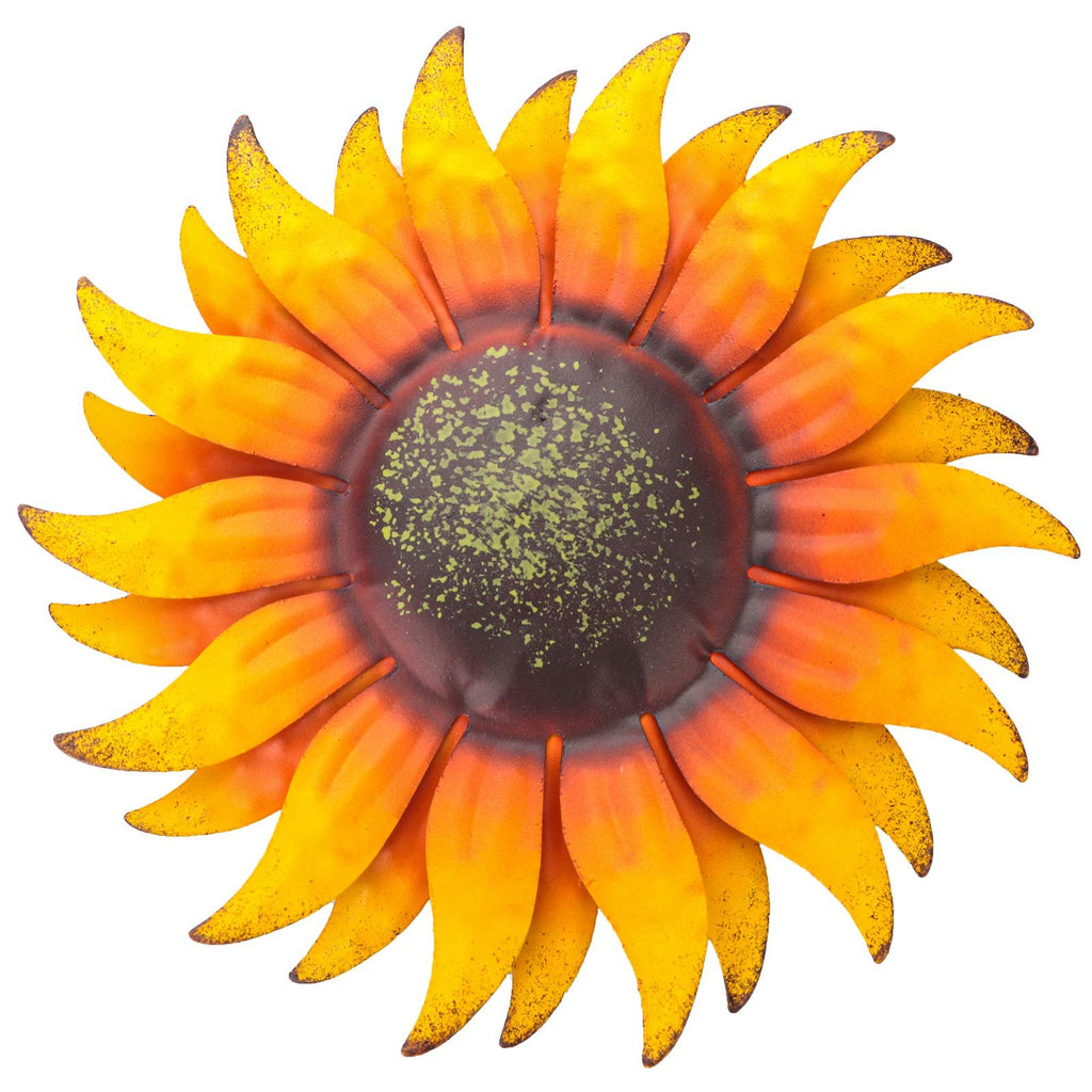 Hand-painted metal sunflower wall art decor, dimensional flower hanging with yellow and orange petals and a dark center.