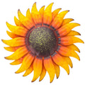 Hand-painted metal sunflower wall art decor, dimensional flower hanging with yellow and orange petals and a dark center.