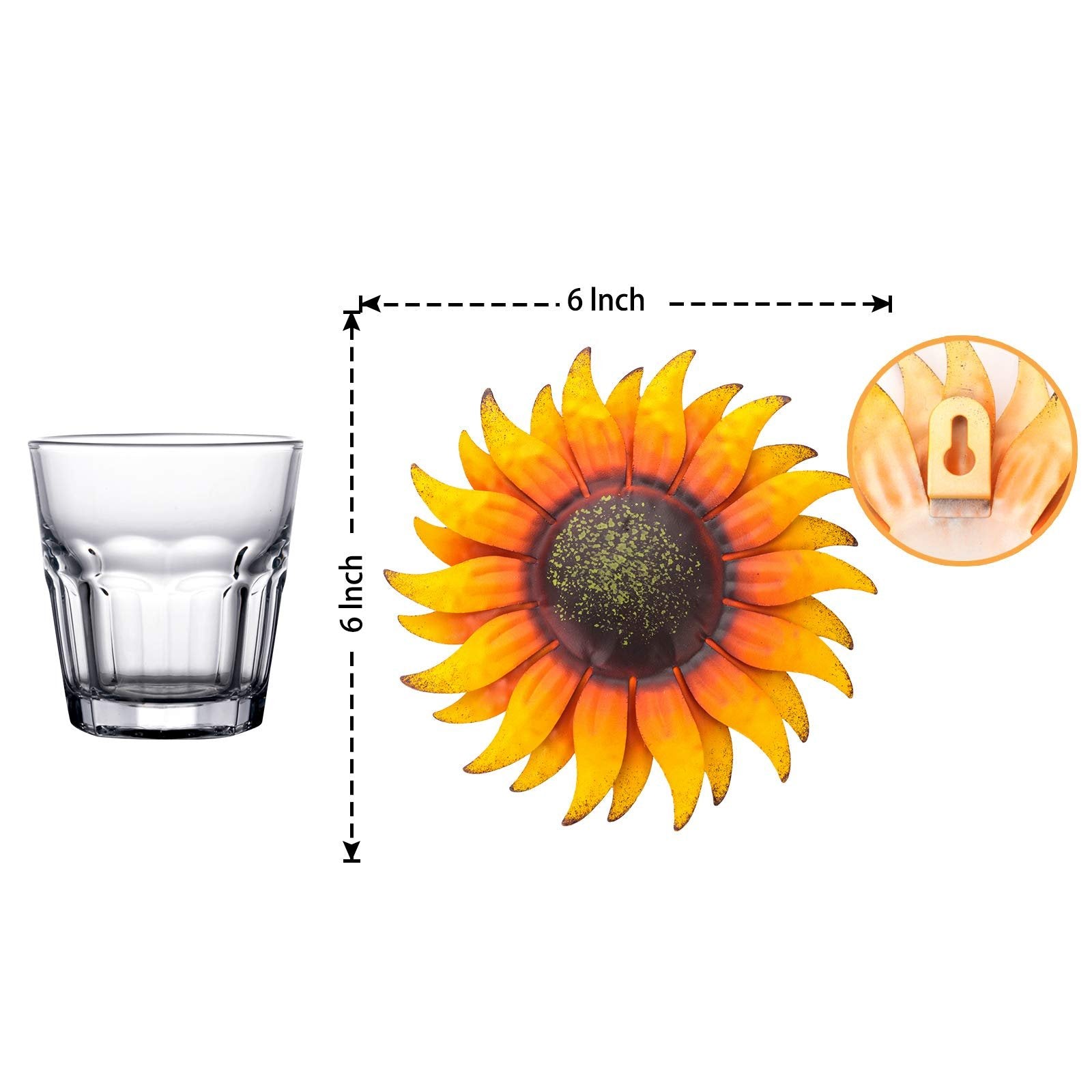 Six-inch metal sunflower wall art decor shown next to a glass for scale, with a close-up of the hanging mechanism.