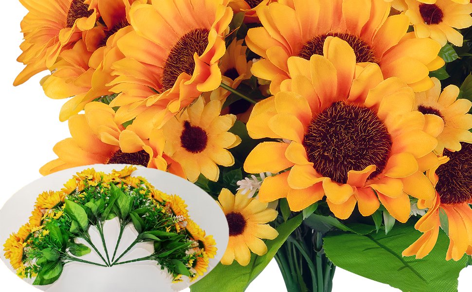 Artificial sunflowers with green leaves, shown in a bouquet and as individual stems in an inset.
