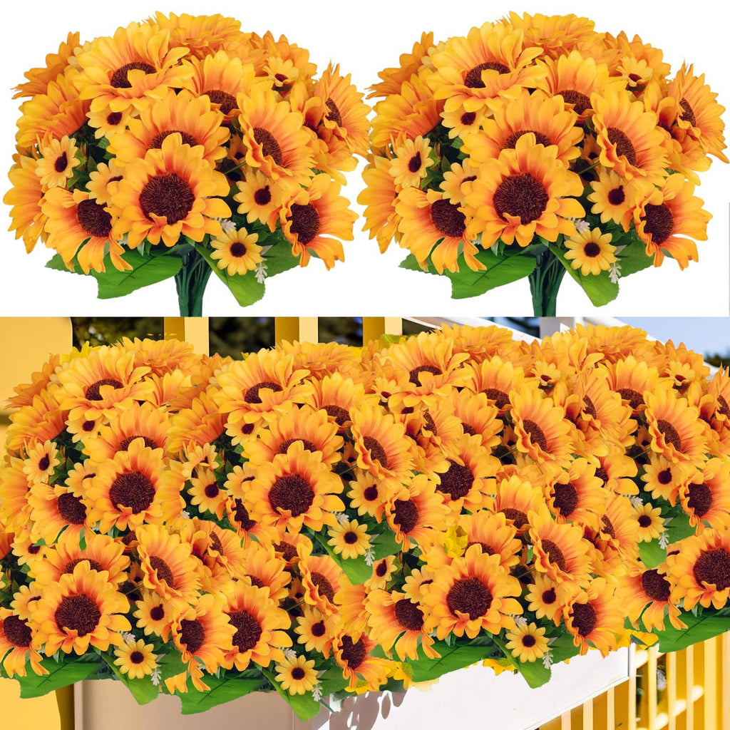 Six bunches of artificial sunflowers with green leaves, displayed against a white and yellow background.