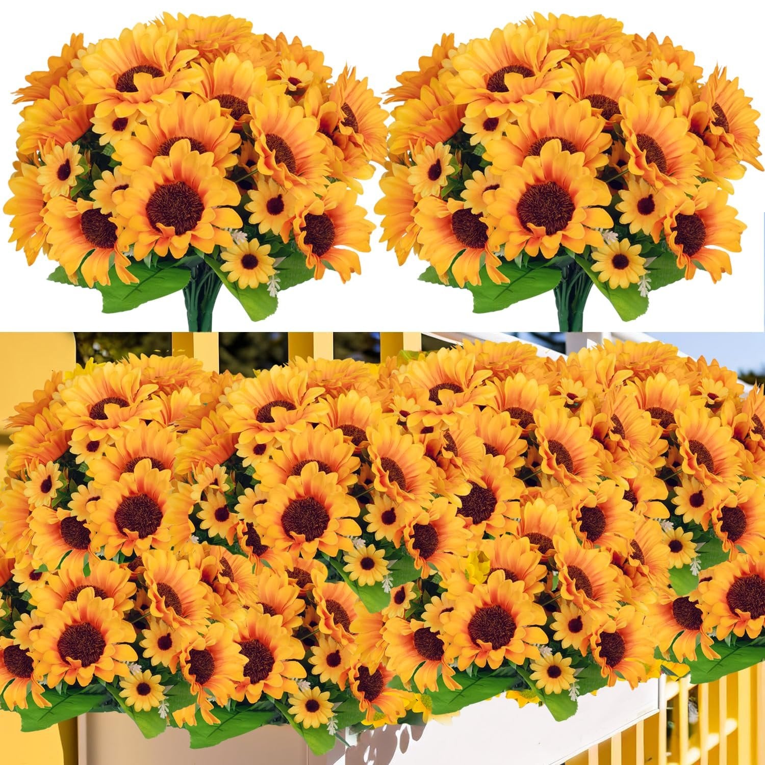 Six bunches of artificial sunflowers with green leaves, displayed against a white and yellow background.