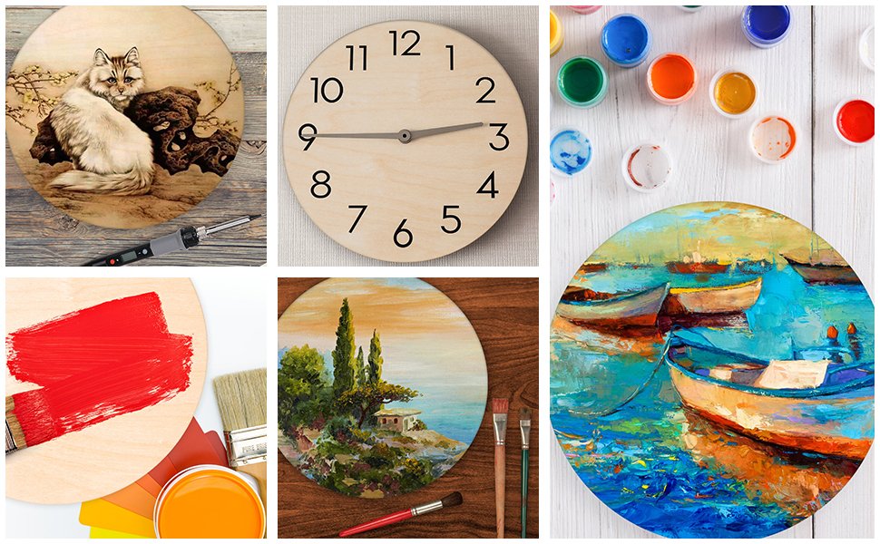 Collage of unfinished wood rounds used for crafts, including pyrography, clock making, painting, and art supplies.