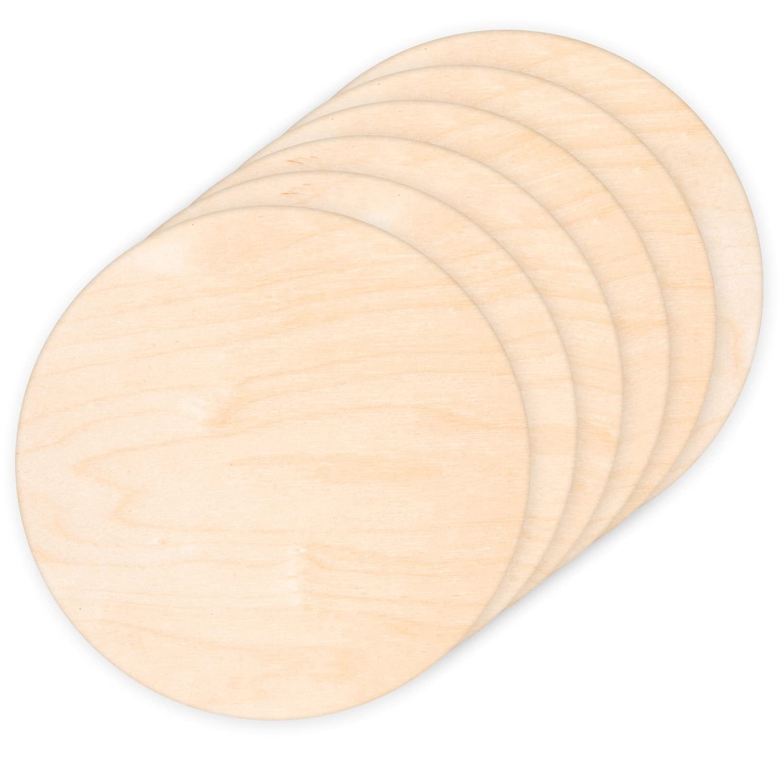 Stack of six unfinished wood rounds, natural light wood grain visible, isolated on white background.
