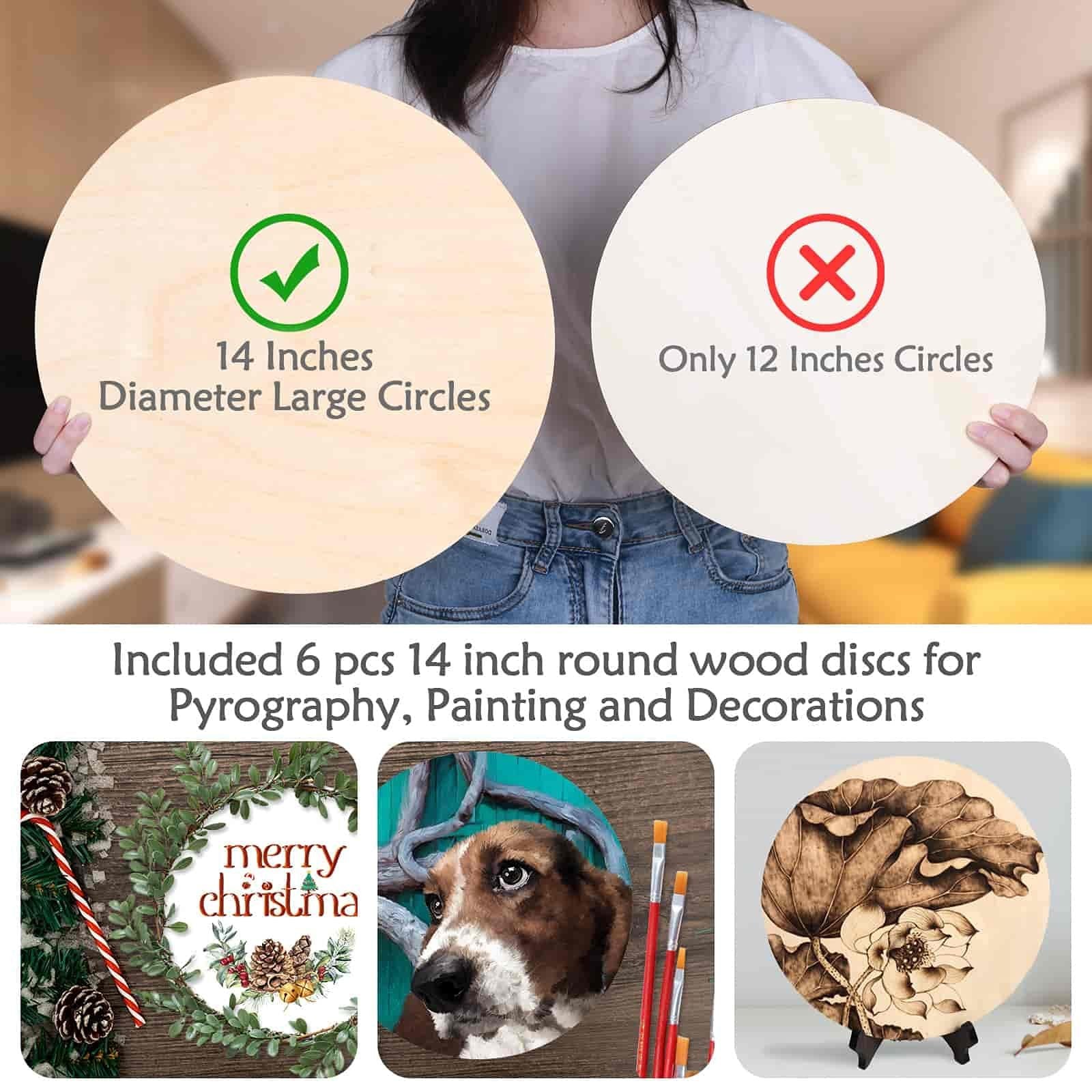 Person holding two unfinished wood rounds, one labeled '14 Inches Diameter Large Circles' with a checkmark, the other labeled 'Only 12 Inches Circles' with an X.